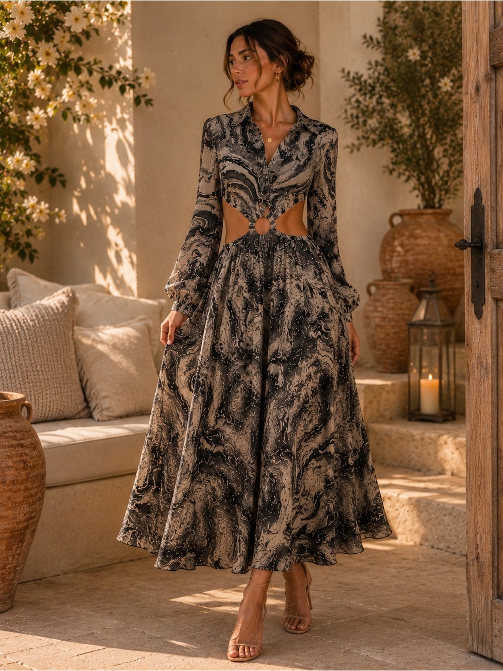 Women's Moon River Flowy Open Waist Maxi Dress
Size Large - Elegant Marble Print